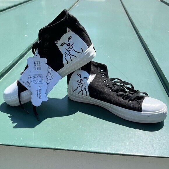 NWT Ripndip black and white lace up ankle high shoes w/ cat flipping off detail - Picture 1 of 12